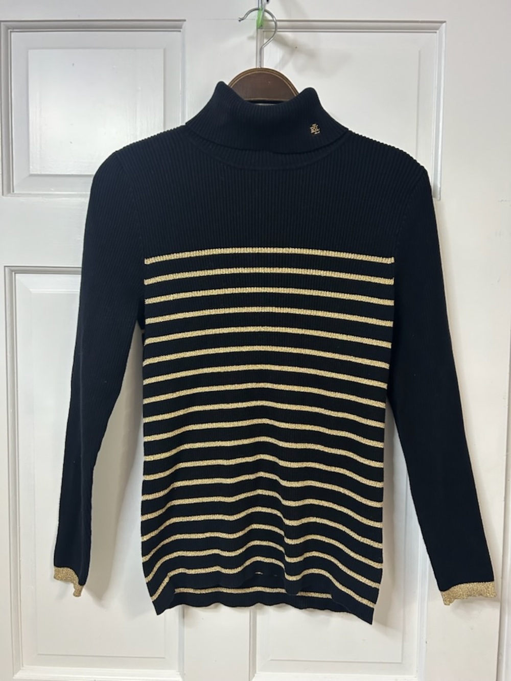 Lauren Ralph Lauren Black Turtleneck Sweater with Gold Stripes